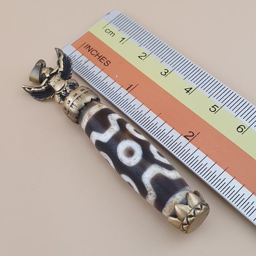 Vintage 6 Eyes Hiamalyan Tibetan Agate Bead Brass Pendant