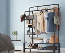 Heavy Duty Clothes Rail, 120KG Black Metal Rack With Double Hanging Clothing Rail, Shoe Rack, Storage Shelves & 4 Coat Hooks, Wardrobe Clothes Rails For Bedroom Office Shop