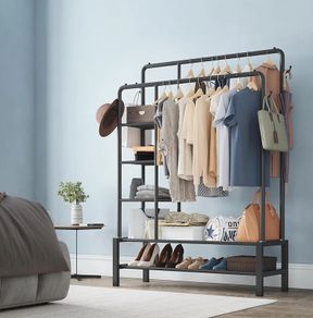 Heavy Duty Clothes Rail, 120KG Black Metal Rack With Double Hanging Clothing Rail, Shoe Rack, Storage Shelves & 4 Coat Hooks, Wardrobe Clothes Rails For Bedroom Office Shop