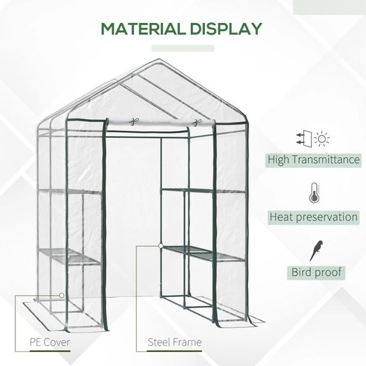 Walk in Greenhouse, 3-Tier Green House with 8 Shelves, Hemmed Cover and Roll-up Zipped Door, Steel Frame, 143 x 143 x 195 cm