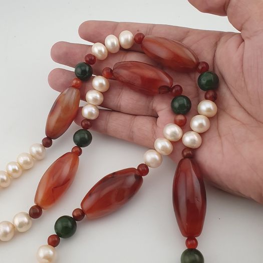 Vintage African Carnelian Statement Necklace with Genuine Pearls & Green Jade Beads