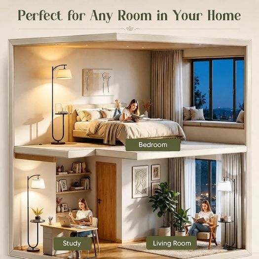 Floor Lamp with Shelf, 160cm, 3 Light Colours, E27 60W Vintage shelf lamp with 120 adjustable head, foot switch, linen shade, E27 up to 60W for home & office