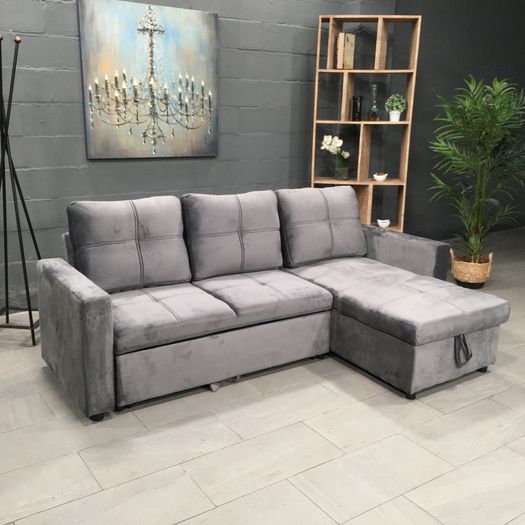 Grey velvet Corner Sofa Bed with Storage 215cm
