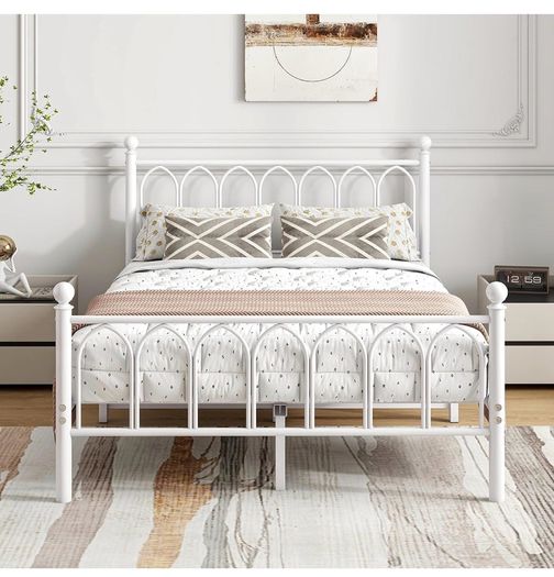 Double Bed Frame with Headboard and Footboard,Metal Platform Bed Frame Double Bed With Storage No Box Spring Needed,Strong Steel Slat Support/Mattress Base/White