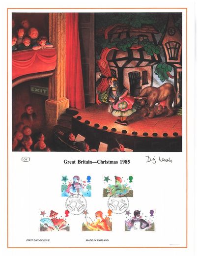 1985 Great Britain Limited Edition Lithographed Print measuring 333mm X 257mm showing Christmas Commemorative stamps with First Day of Issue Cancel