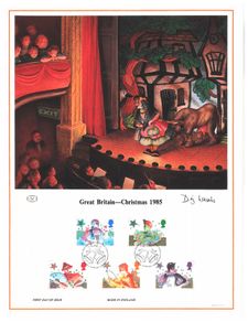 1985 Great Britain Limited Edition Lithographed Print measuring 333mm X 257mm showing Christmas Commemorative stamps with First Day of Issue Cancel