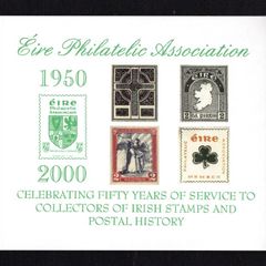 2000 Ireland Eire Philatelic Association Cinderella Miniature showing commemorating 50th anniversary with image of political label,  forerunner, definitive and EPA logo Mint Never Hinged (MNH)