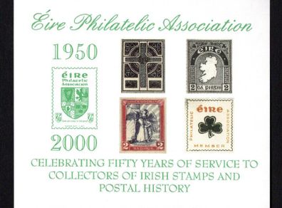 2000 Ireland Eire Philatelic Association Cinderella Miniature showing commemorating 50th anniversary with image of political label,  forerunner, definitive and EPA logo Mint Never Hinged (MNH)
