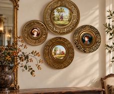 Set of 4 Antique French Brass/Hand-Painted Porcelain Wall Plaques