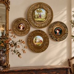 Set of 4 Antique French Brass/Hand-Painted Porcelain Wall Plaques