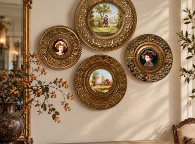 Set of 4 Antique French Brass/Hand-Painted Porcelain Wall Plaques