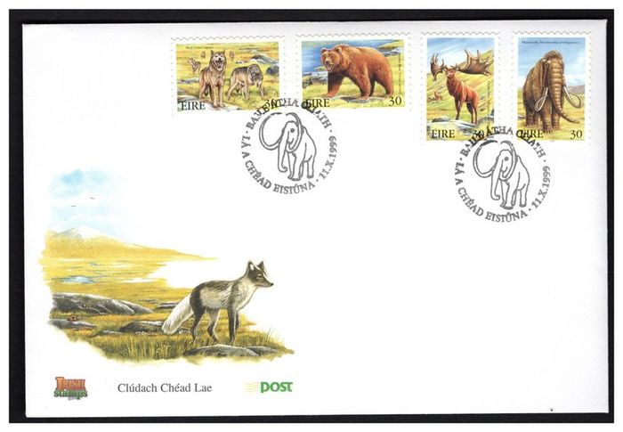 1999 Ireland Extinct Irish Animals (Mammoth, Giran Deer, Wolves & Bear) self-Adhesive Commemorative Stamps An Post First Day Cover (FDC)