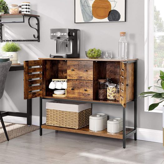 Sideboard, cabinet with 2 drawers and doors, 1 shelf, for dining room, living room, kitchen, 100 x 35 x 84.5 cm, industrial design, vintage brown-black