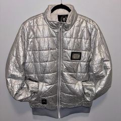 Roberto Geissini Metallic Silver Skull Puffer Jacket Y2K Streetwear  Unisex Fit Size M