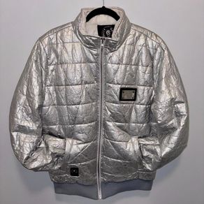 Roberto Geissini Metallic Silver Skull Puffer Jacket Y2K Streetwear  Unisex Fit Size M