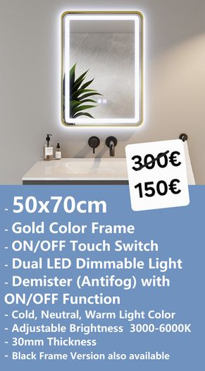 LED Bathroom Mirror 50x70cm Antifog Demister