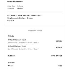 BTS World Tour Brussels Tickets x2