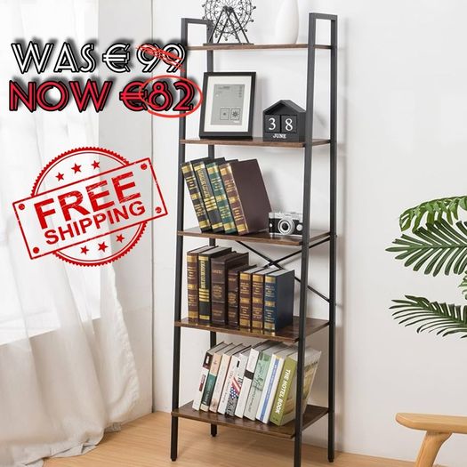 NEW SALE | Bookcase Bookshelf Ladder Shelf 5-Tier Steel Frame Industrial Style Storage Rack Organiser Standing Shelf for Office Study Living Room Bedroom 56x32x172cm