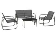 4-Piece Garden Set, 2 Armchairs, 2-Seater Sofa, Glass-Topped Table, Breathable Fabric, Steel Frame, Black