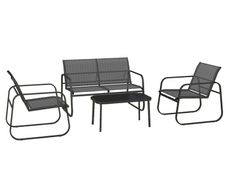 4-Piece Garden Set, 2 Armchairs, 2-Seater Sofa, Glass-Topped Table, Breathable Fabric, Steel Frame, Black