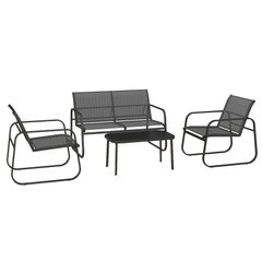 4-Piece Garden Set, 2 Armchairs, 2-Seater Sofa, Glass-Topped Table, Breathable Fabric, Steel Frame, Black