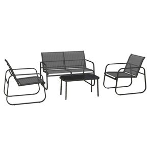 4-Piece Garden Set, 2 Armchairs, 2-Seater Sofa, Glass-Topped Table, Breathable Fabric, Steel Frame, Black