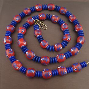 Vintage Venetian Style Floral Glass And tire Shape Blue Glass Beads Necklace