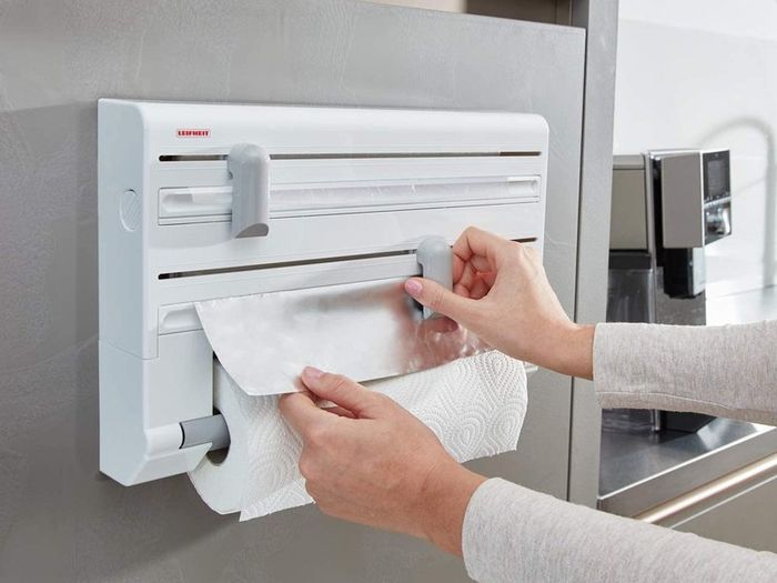Kitchen Roll Dispenser, Wall-Mounted Film, Foil and Paper Holder, Easy-Install Cling Film Dispenser and Cutter, White, 38 x 26 x 7 cm