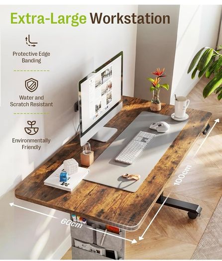 Electric Height Adjustable Standing Desk, 100x60cm Sit Stand Desk with Cable Tray, Hook and Storage Pocketse, Stand Up Desk with Memory Controller for Home Office
