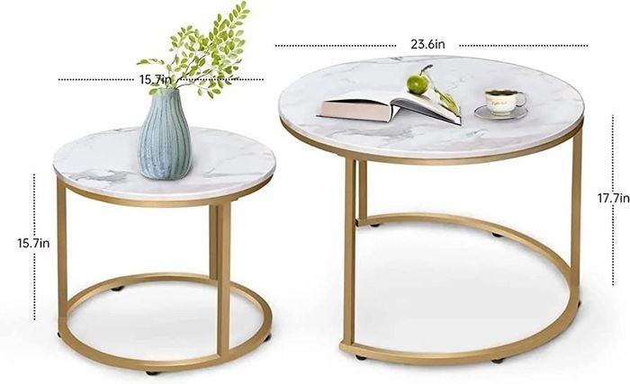 Round Coffee Tables, Removable Set of 2 End Table, Nesting Tables with Gold Metal Frame Legs and Marble White Top for Living Room, Bedroom, Office, Balcony, Apartment (FREE SHIPPING)