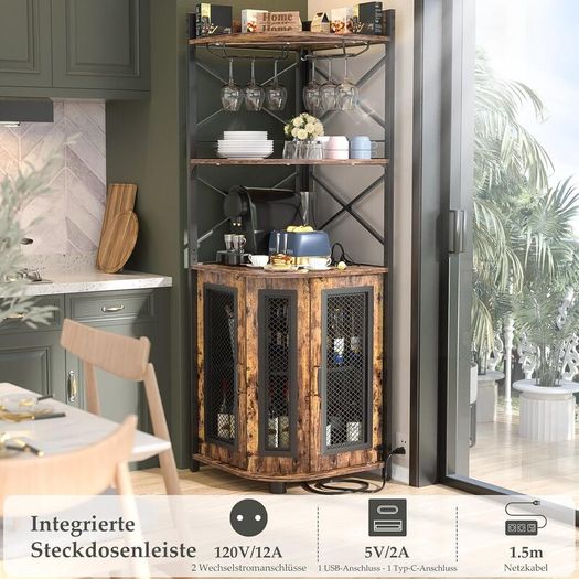 Corner Bar Cabinet with Socket, Industrial Wine Cabinet with LED Strip and Glass Holder, 5 Tier Spirit Rack for Home