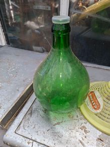 Very Large Old Italian 5Lt Wine Demijohn Green Glass Bottle in Basket, Postage Available,