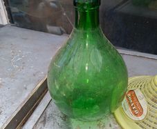 Very Large Old Italian 5Lt Wine Demijohn Green Glass Bottle in Basket, Postage Available,