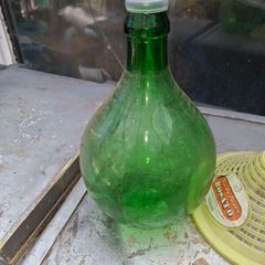 Very Large Old Italian 5Lt Wine Demijohn Green Glass Bottle in Basket, Postage Available,