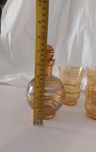 Fabulous Vintage Retro Mid-Century-Modern Small Pale Pink Glass Decanter with Gold and Silver Gilt Banding Plus Five Liqueur Glasses, Irice, Czechoslovakia