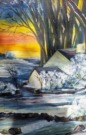 Original unframed hand painted landscape artwork  - Early Autumn Snow.
