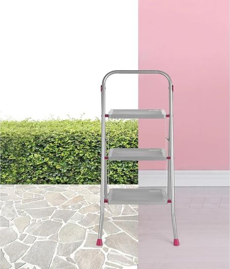 3 Folding Stepladder Large Step Stool with Non-Slip Feet, Collapsible for Compact Storage, Strong Steel Structure, Safety Clip, 150kg Weight Capacity, 105cm High, Pink/Grey
