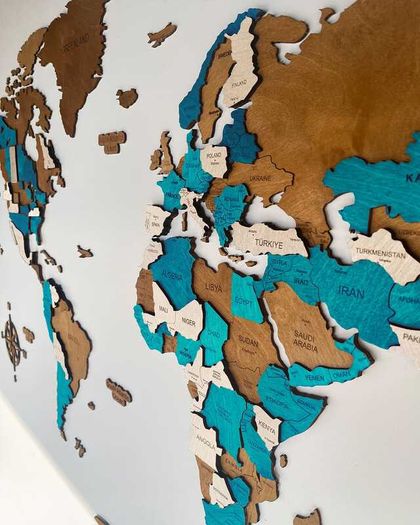 3D Classic Wooden World Map with Country Borders Country Names Capital Names US and Canada Borders and Names 3D Map Effect