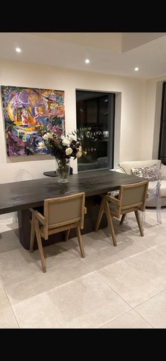 dining chairs - Grey oak frame | Luxurious leather seat and back | Mid-Century design | Rustic luxe style with Scandinavian edge