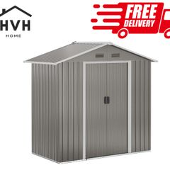 Outdoor Garden Shed Storage, Backyard Steel Utility Tool Shed, Lawn Garage Building Organizer w/Sliding Door, Gable Roof, 1.94x1.1x1.84m, 4 Vents-Gray