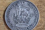 Great Britain UK 1945, One Shilling, George VI, English Crest, Silver Coin - free standard postage
