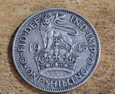 Great Britain UK 1945, One Shilling, George VI, English Crest, Silver Coin - free standard postage
