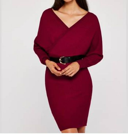 Knit V neck batwing dress, APRICOT
