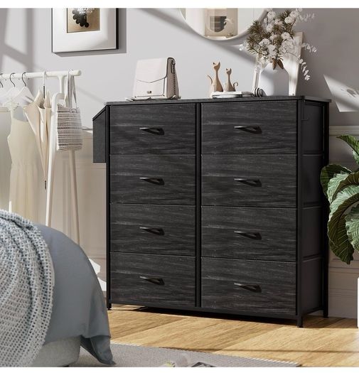 Fabric Chest of Drawers - Canvas Storage Unit with 8 Large Drawers Label Cards, Side Pocket & Hook for Living Room, Hallway, Bedroom