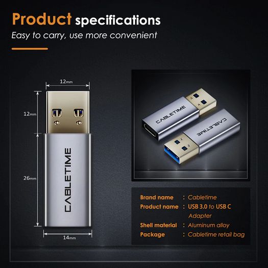 Cabletime Aluminum Alloy USB 3.1 Gen 2 (10 Gbps) Type-C (Female) to Type-A (Male) 60W Premium Adapter Convertor (Brand New/Warranty)