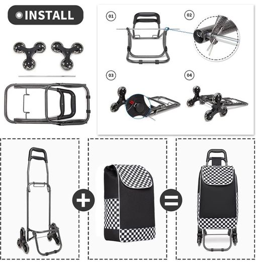 Folding Shopping Trolley Lightweight and Waterproof 2 in 1 Shopping Cart with 6 Large Noiseless Wheels Detachable Stair Climbing Cart for Groceries (FREE POSTAGE)
