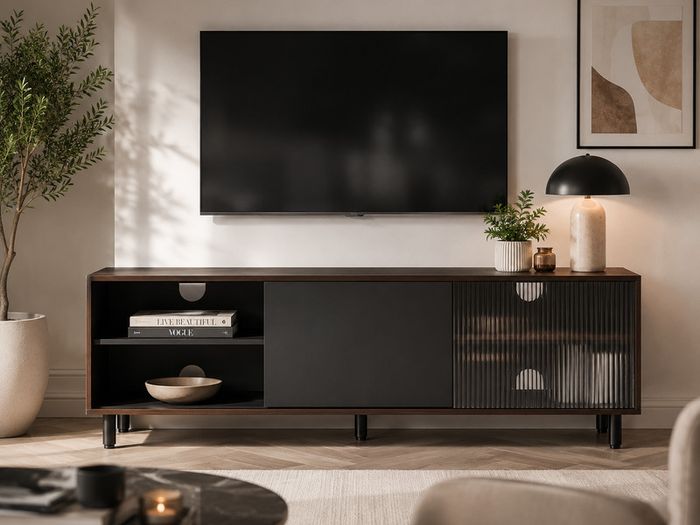 Modern TV Stand 140cm Fluted Glass Storage Cabinet