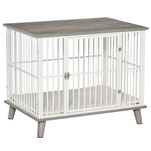 Dog Crate, Pet Cage Kennel, with Soft Cushion, Wooden Top, for Small Medium Dogs, Indoor Use, Grey