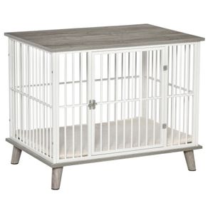 Dog Crate, Pet Cage Kennel, with Soft Cushion, Wooden Top, for Small Medium Dogs, Indoor Use, Grey