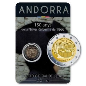 Andorra 2 Euro Commemorative Coin 2016 - 150 Years of the New Reform 1866 . Blister Card. BU